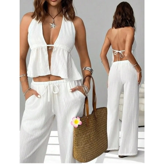 Women Striped Deep V-Neck Crop Top Summer Sleeveless Backless Halter Neck Tank Top Beach Streetwear