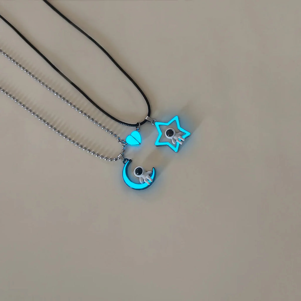 Heart Moon Projector Astronaut Steel Bead Chain Leather Rope Night Glow Couple Necklace Space Theme Accessory