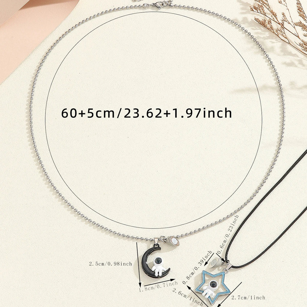 Heart Moon Projector Astronaut Steel Bead Chain Leather Rope Night Glow Couple Necklace Space Theme Accessory