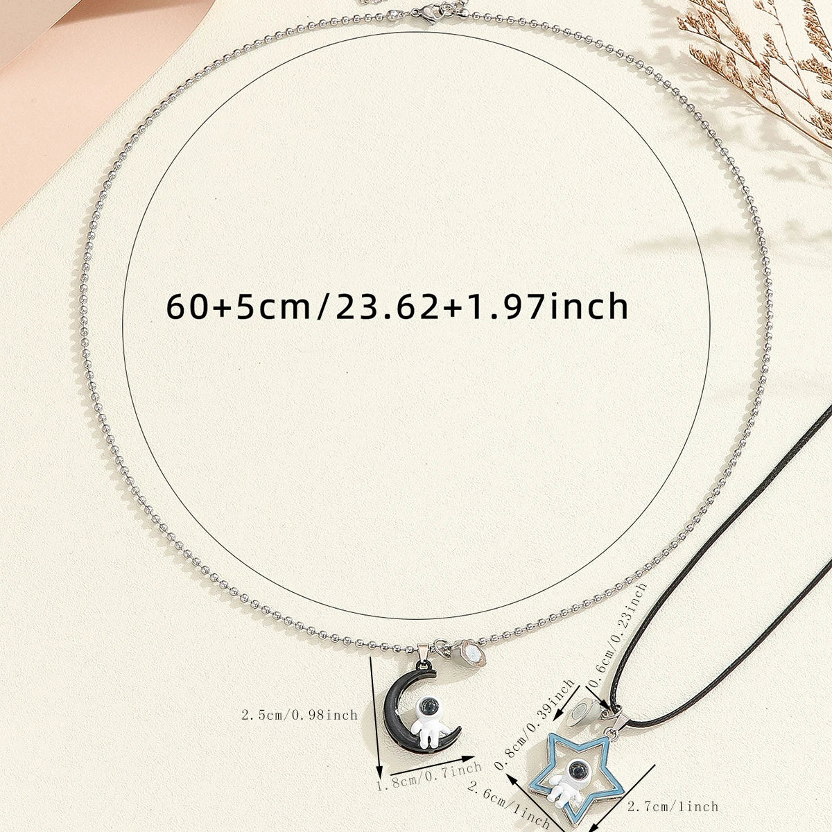 Heart Moon Projector Astronaut Steel Bead Chain Leather Rope Night Glow Couple Necklace Space Theme Accessory