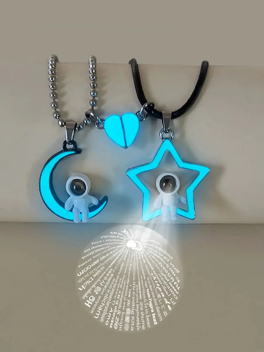 Heart Moon Projector Astronaut Steel Bead Chain Leather Rope Night Glow Couple Necklace Space Theme Accessory