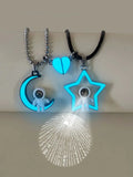 Heart Moon Projector Astronaut Steel Bead Chain Leather Rope Night Glow Couple Necklace Space Theme Accessory