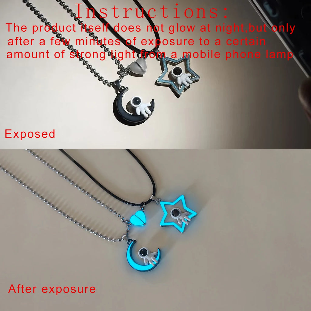 Heart Moon Projector Astronaut Steel Bead Chain Leather Rope Night Glow Couple Necklace Space Theme Accessory