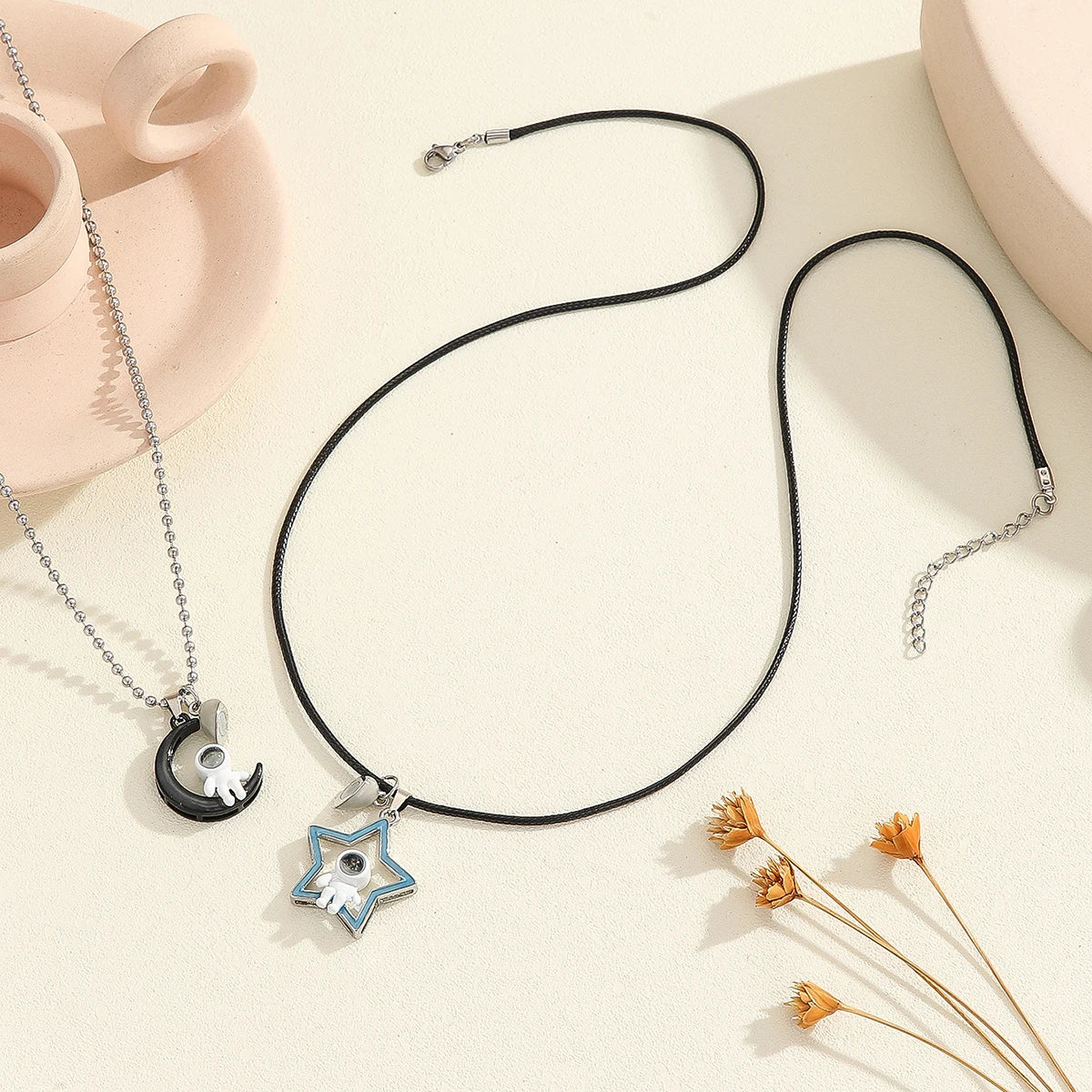 Heart Moon Projector Astronaut Steel Bead Chain Leather Rope Night Glow Couple Necklace Space Theme Accessory