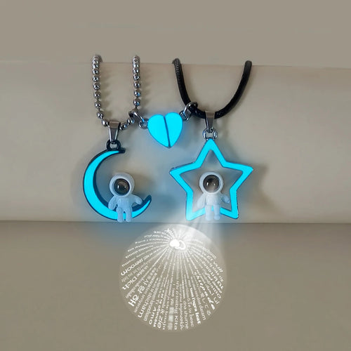 Heart Moon Projector Astronaut Steel Bead Chain Leather Rope Night Glow Couple Necklace Space Theme Accessory